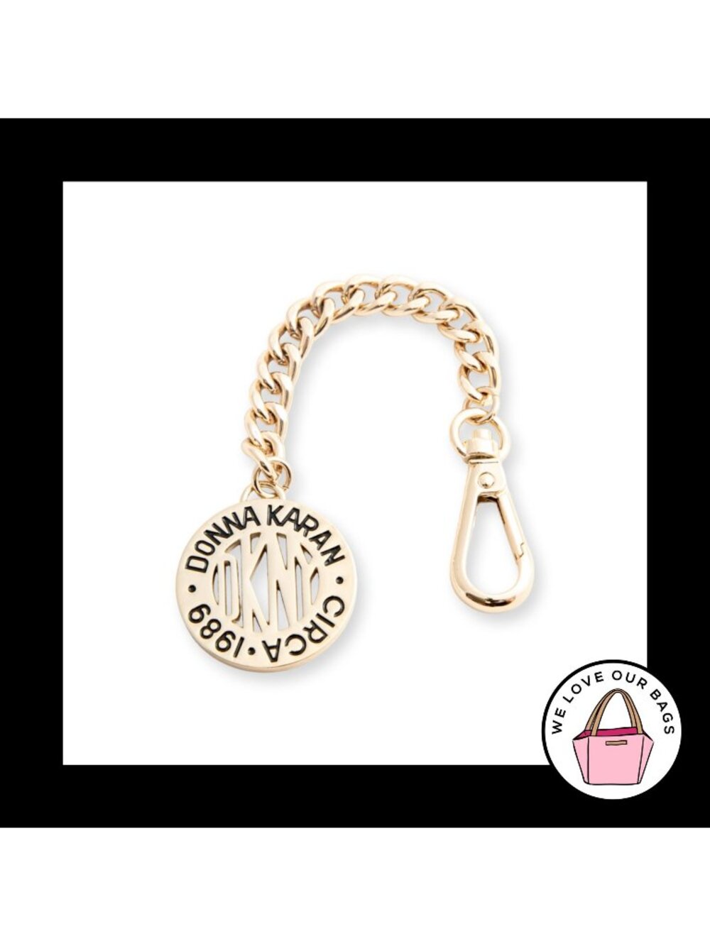 Y2K Vintage DKNY DONNA KAREN Cutout Gold Chain Bag Charm Hang Tag Keychain Fob